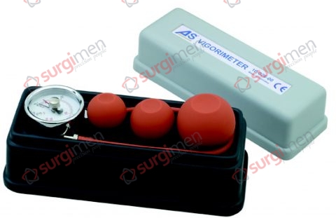 Dynamometer complete in plastic case, consisting of 3 rubber bulbs (small, medium, large), with cone adaptors, tubing with metal mount and manometer. 260 x 105 x 125 mm