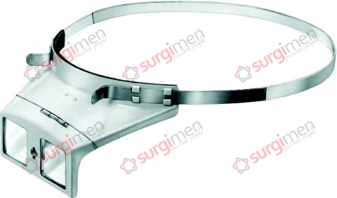 BERGER Binocular head magnifier with 2 interchangeable prismatic lenses, magnification 2.5x (at a working distance of about 130 mm = 7 diopters), in white enamelled metal frame, swivel, with adjustable spring-steel head band.