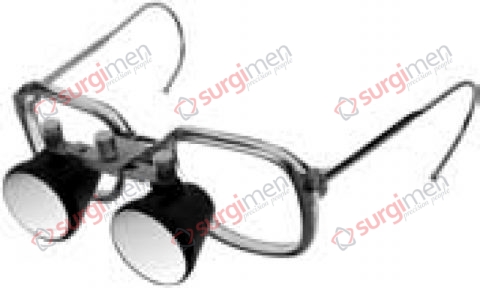 Binocular magnifying glass spectacles, consisting of spectacle frame and loupe, magnifying 1.8x, free working distance 40 cm approx., vision field ø 10 cm, working distance and size of field adjustable.