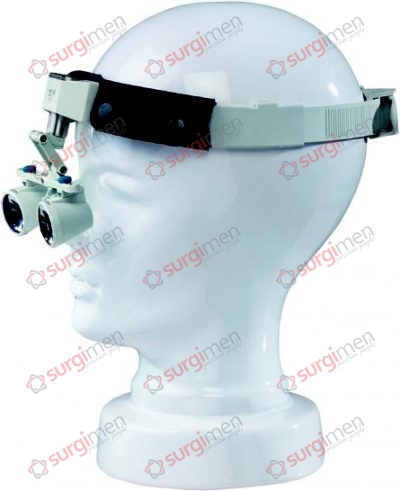Binocular head magnifier, consisting of headband of black celluloid and magnifying glass, magnifying 1.8x, free working distance 40 cm approx., vision field ø 10 cm, working distance and size of field adjustable.