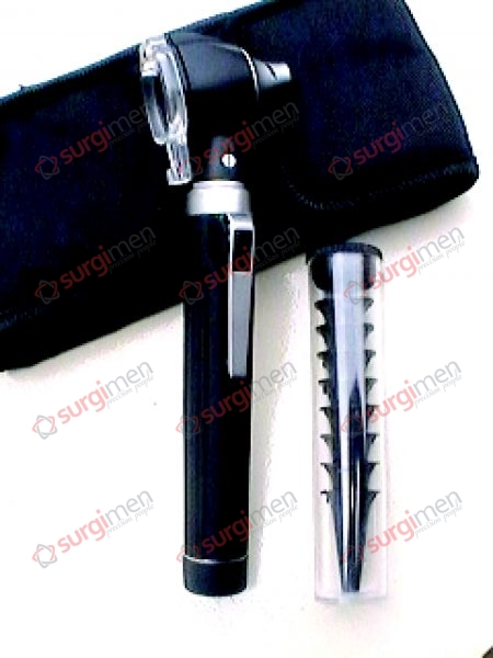 ECO I Black Otoscope Set complete in case, consisting of: 1 Battery handle (without batteries) 1 Otoscope head with vaccum bulb, 2,7 V 1 Disposable ear specula, 2,0 I 3,0 I 4,0 mm