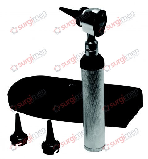 ECO II Otoscope Set complete in case, consisting of: 1 Battery handle (without batteries) 1 Otoscope head with vaccum bulb, 2,7 V 1 Disposable ear specula, 2,0 I 3,0 I 4,0 mm