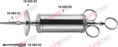 Ear syringe, complete, consisting of: 18-585-04 1 Syringe, with LUER-LOCK connection 18-585-01 1 Conical tip 18-585-02 1 Bulbous tip 18-585-03 1 Protecting disc 50 ml