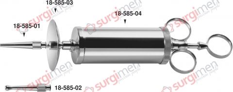 Ear syringe, complete, consisting of: 18-585-04 1 Syringe, with LUER-LOCK connection 18-585-01 1 Conical tip 18-585-02 1 Bulbous tip 18-585-03 1 Protecting disc 100 ml