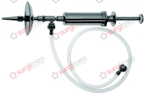 Self-filling ear syringe, complete, consisting of: 18-590-01 1 Syringe, with LUER-LOCK connection 18-590-02 1 Valve attachment, with LL connection 18-590-03 1 Protecting disc 18-590-04 1 Ear olive 18-590-05 1 Conical tip 18-590-06 1 Bulbous tip 18-590-07