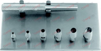 KEYES Dermal punch set, complete, with 6 interchangeable tips, handle and rack