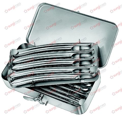 HEGAR Dilator set, consisting of: 32-270-04 - 32-270-14 14 Dilators ø 4-17 mm 32-300-01 1 Rack for dilators ø 4-12 mm 32-300-02 1 Rack for dilators ø 13-17 mm 32-300-03 1 Metal case with hinged lid 205 x 105 x 45 mm (wxdxh) with sloped handle