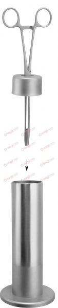 Sterilizing forceps consisting of: 55-161-01 1 Sterilizing forceps 32 cm, curved, with lid 55-161-02 1 Jar with wide bottom plate (anti-tilt)