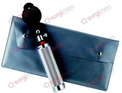 UNI II Ophtalmoscope Set complete in case, consisting of: 1 Battery handle (without batteries) 1 Ophtalmoscope head with vaccum bulb, 2,7 V