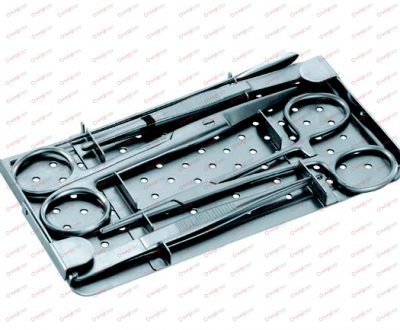Suturing instrument set, complete, consisting of: 10-150-23 3 Sterile scalpel blades No. 23 10-170-04 1 Scalpel handle No. 4 11-160-13 1 Scissors, blunt/sharp, straight, 13 cm, 5⅛“ 12-240-12 1 SEMKEN Dissecting forceps, 12 cm, 4¾“ 20-047-01 1 Suture silk