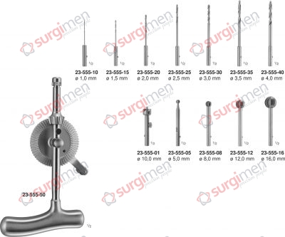 STILLE Hand bone drill, complete, consisting of: 23-555-50 1 Hand bone drill 23-555-01 1 Twist drill ø 1,0 mm 23-555-15 1 Twist drill ø 1,5 mm 23-555-20 1 Twist drill ø 2,0 mm 23-555-25 1 Twist drill ø 2,5 mm 23-555-30 1 Twist drill ø 3,0 mm 23-555-35 1 T