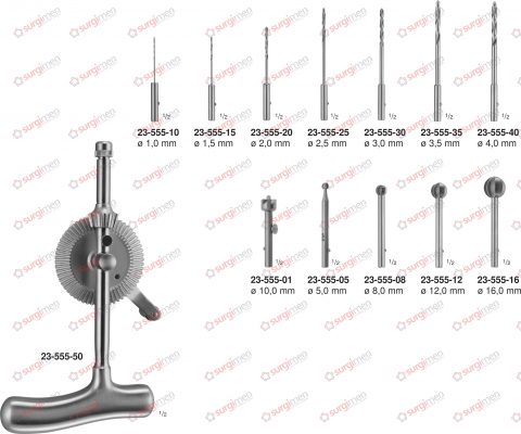 STILLE Hand bone drill, complete, consisting of: 23-555-50 1 Hand bone drill 23-555-01 1 Twist drill ø 1,0 mm 23-555-15 1 Twist drill ø 1,5 mm 23-555-20 1 Twist drill ø 2,0 mm 23-555-25 1 Twist drill ø 2,5 mm 23-555-30 1 Twist drill ø 3,0 mm 23-555-35 1 T