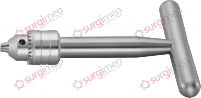 Drilling chuck with three-jaw-chuck and key (23-562-01), for shanks up to 6.35 mm diam., cannulated, for inserting and extracting wire drills and nails. 16 cm, 6¼“