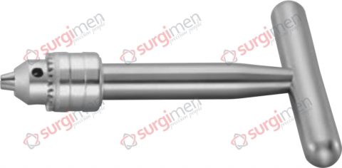 Drilling chuck with three-jaw-chuck and key (23-562-01), for shanks up to 6.35 mm diam., cannulated, for inserting and extracting wire drills and nails. 16 cm, 6¼“