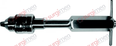 Drilling chuck with three-jaw-chuck and key (23-564-01), for shanks up to 3.95 mm diam., cannulated, for inserting and extracting wire drills and nails. 14 cm, 5½“