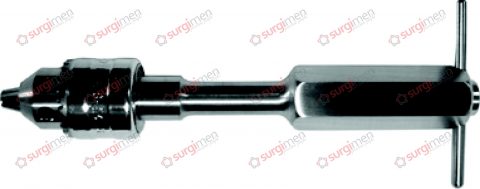 Drilling chuck with three-jaw-chuck and key (23-564-01), for shanks up to 3.95 mm diam., cannulated, for inserting and extracting wire drills and nails. 14 cm, 5½“